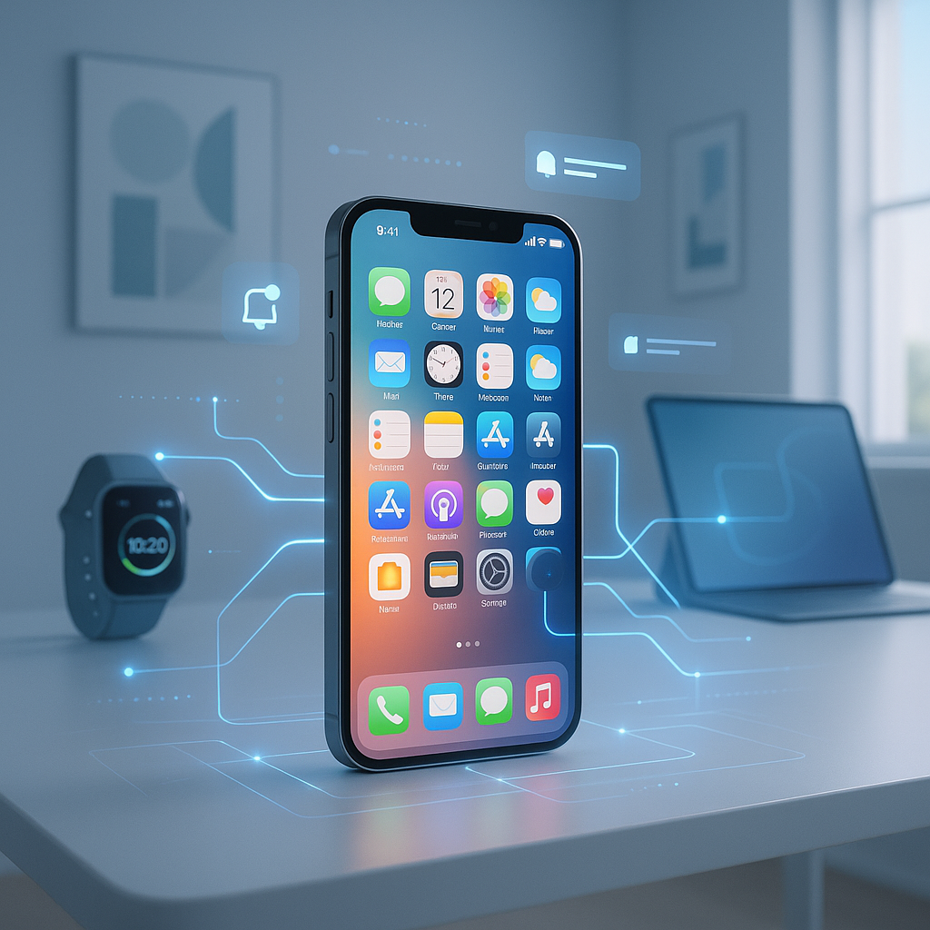 Futuristisches Bild mit Iphone umgeben von Apple Watsch und etwas das die KI darstellen soll
