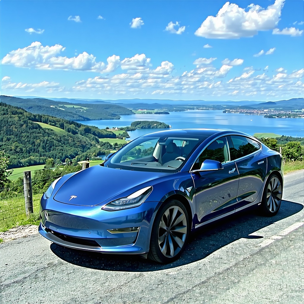 Tesla mit Bodensee im Hintergrund 